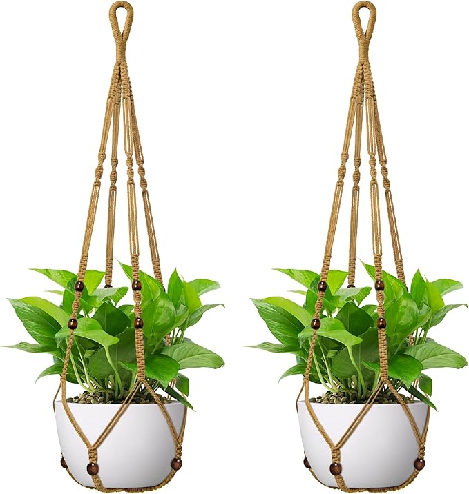 USLAI Macrame Plant Hanger Indoor Outdoor, Fits 4 to 15 Inch Pots, Strong Hanging Planter Holder, Boho Home Decor, 35 Inch, Brown, Set of 2 (POTS NOT Included)