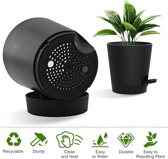 Self Watering Pots, 7/6.5/6/5.5/5/4 inch Flower Pots with Multi Mesh Drainage Holes, Small Platic Planters for Indoor Outdoor Garden Plants and Flowers (Black, 7"+6.5"+6"+5.5"+5"+4")