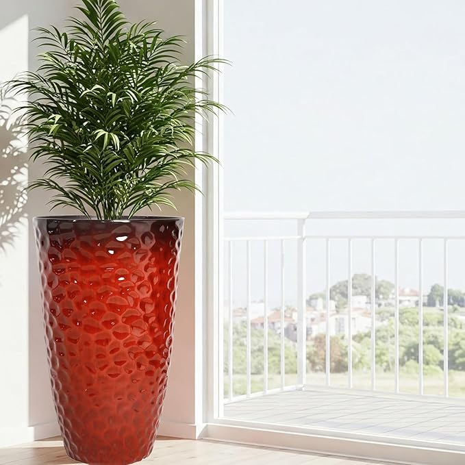 Worth 2 Pack 24" Tall Large Plastic Planter with Drainage Hole, Round Decorative Flower Plant Pit for Indoor or Outdoor Gardening, Glossy Red