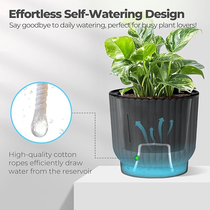 T4U 7 Inch Self Watering Pots for Indoor Plants, 4 Pack Plant Pots, Self Watering Planter for Indoor Plants, Durable Plastic Pots (4 Pack, 7", Gray)