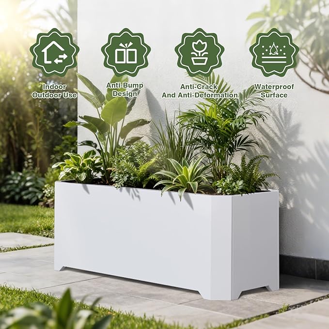 Steel Planter Box-32"x15"x15"-Rectangular Planters for Outdoor Plants, White Matel Planter Box Raised Support Feet for Patio, Deck, Garden, Yard, Drain Holes, Easy Assembly