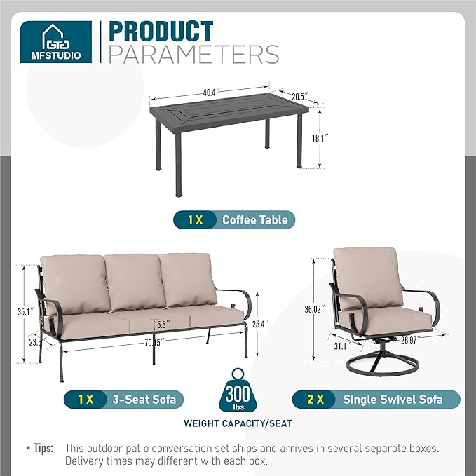 MFSTUDIO 5 Seats Large Metal Patio Conversation Sets, 4 Pieces Outdoor Furniture Sofa with 2 Swivel Chairs, 1 Sofa(3-seat) and Table for Outside Balcony Backyard Poolside