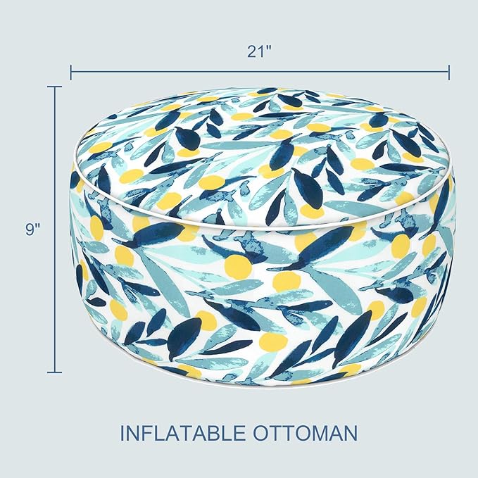 LVTXIII Outdoor/Indoor Inflatable Stool Ottoman, All Weather Patio Footrest Pouf, Portable Round Ottoman for Patio Garden, Camping or Home, D21xH9 Inches, Blue Leaves