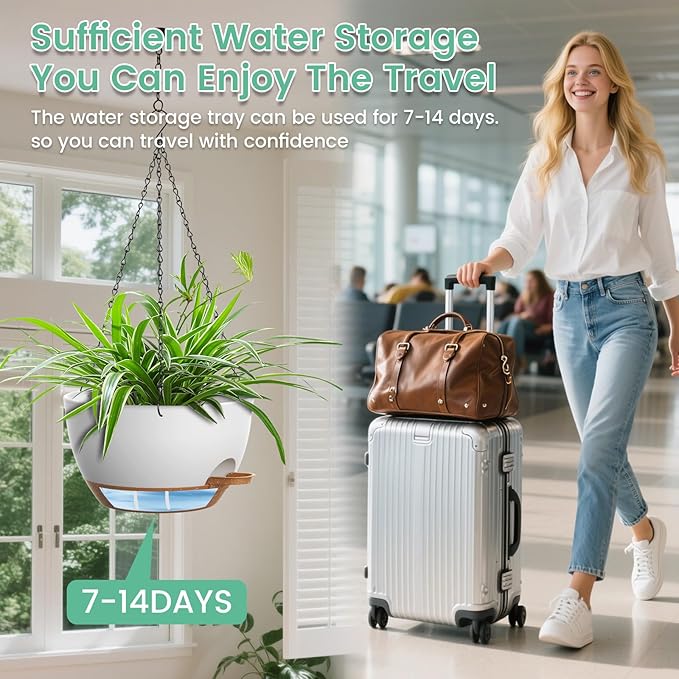 Set of 3-10 Inch Self Watering Hanging Planters for Indoor Outdoor，Hanging Plant Pots with Drainage & Removable Tray, Hanging Pots Holder for Pothos Plant, Ferns, Balcony & Patio,White with Brown