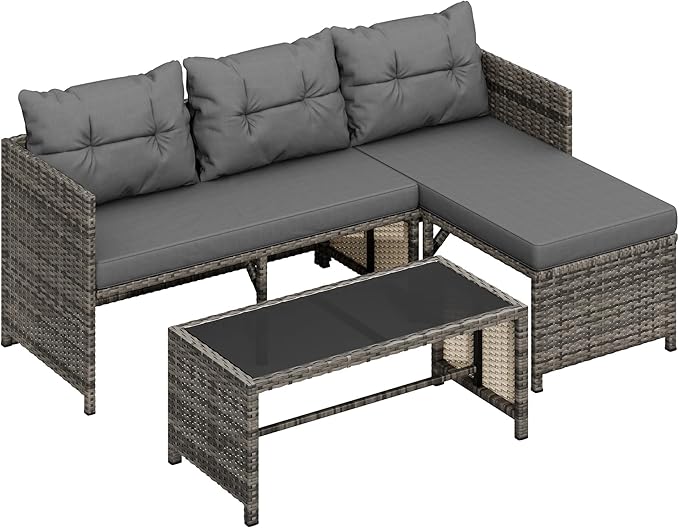 Shintenchi 3-Piece Outdoor Patio Furniture Sets, Wicker Patio Conversation Sets, All Weather Wicker Rattan Patio Seating Sofas with Glass Coffee Table and Cushion, Gray