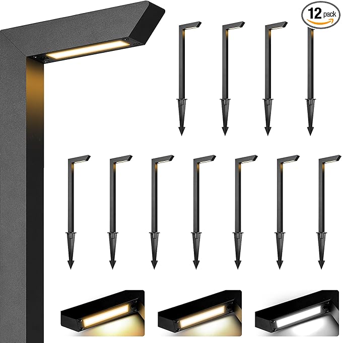 Gardencoin 3CCT LED Low Voltage Landscape Pathway Light, 12V Premium 3000K/4000K/5000K Selectable Path Lights Wired, Modern Walkway Lights Outdoor, Higher Housing with Larger Stake (19.71IN, 12pack)