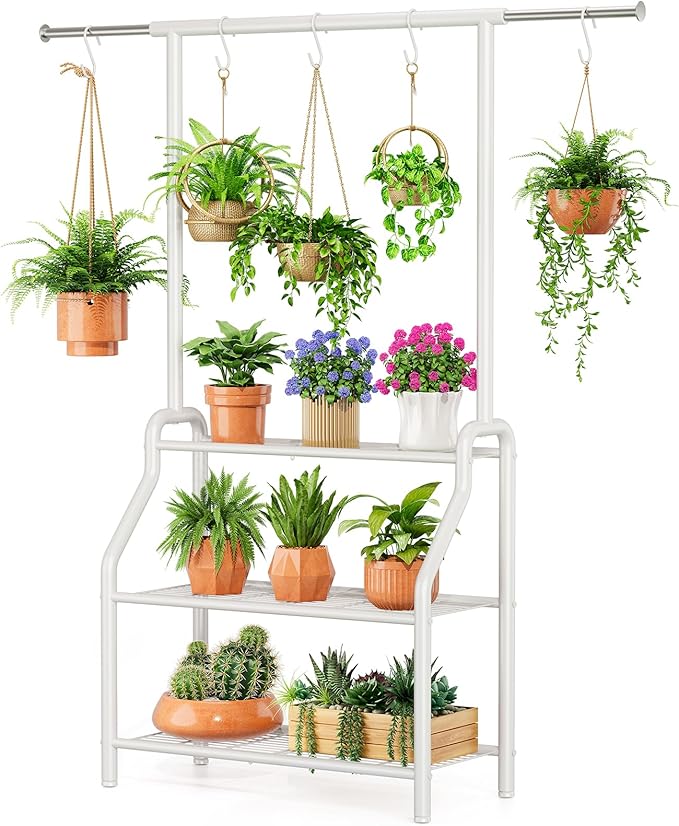 Plant Stand Indoor Outdoor, 3-Tier Heavy Duty Metal Hanging Plant Shelf, 61'' Tall Large Plant Holder Rack for Multiple Big Pots, Flower Stand for Living Room, Garden, Balcony, White