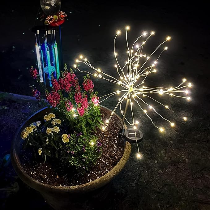 FOOING 4 Pcs Solar Garden Lights Solar Firework Lights, 480 LED Solar Powered String Light 2 Modes Twinkling Solar Lights for Garden, Wedding, Party, Patio(Warm White), 100182987