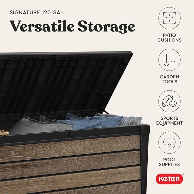 Keter Everwood 120 Gallon Resin Signature Collection Large Outdoor Storage Box for Patio Furniture, Outdoor Cushions, Garden Tools and Pool Gear, Walnut