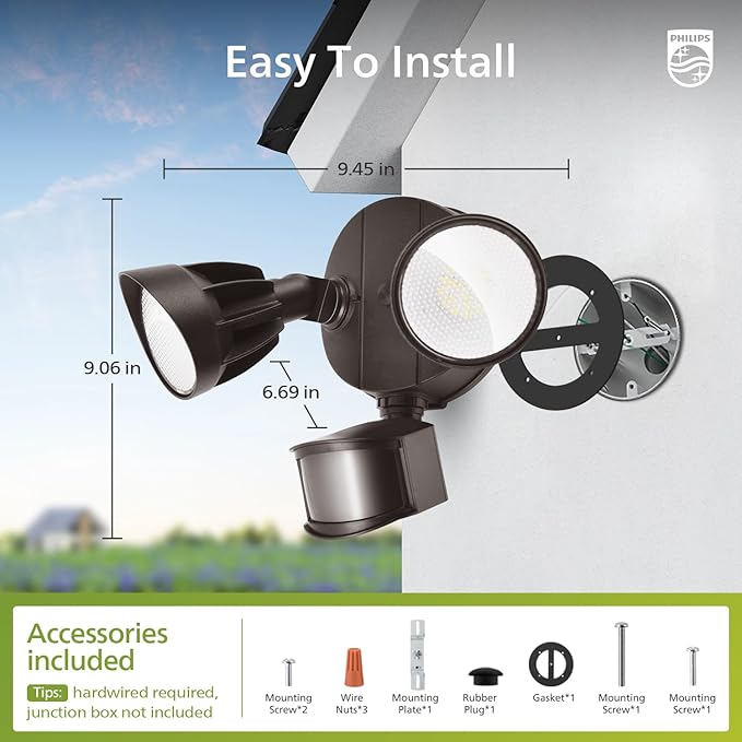 Philips 44W 4200 lm LED Security Light Outdoor w/PIR Motion Sensor, 5000K Daylight Flood Light, Waterproof, Dusk to Dawn, 2 Heads, 4 Modes