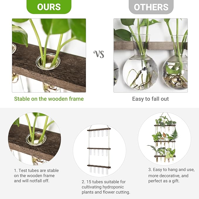 Mkono Plant Propagation Tubes, 3 Tiered Wall Hanging Terrarium with Wooden Stand & 21 Test Tube Vases for Hydroponic Plant Cutting & Home/Office Decor
