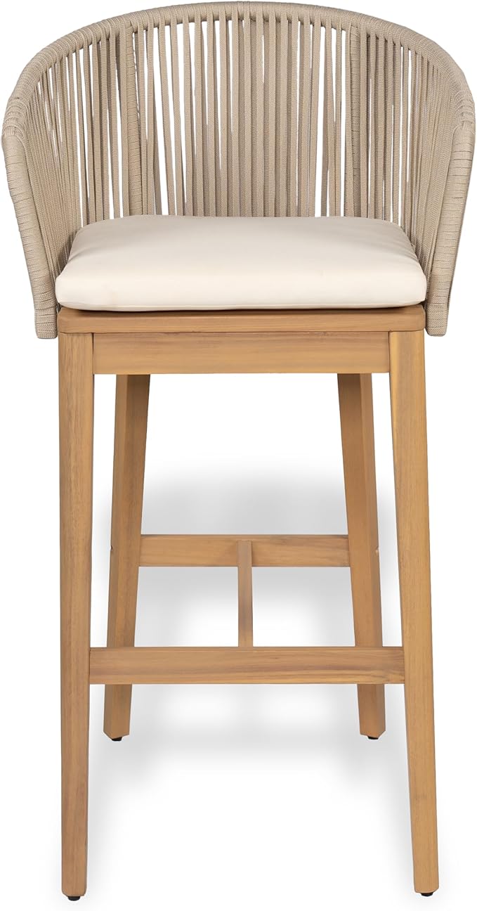 Christopher Knight Home Zax Set of 2 Patio Barstool, Acacia Wood & Rope Outdoor Counter Stool with Backrest/Footrest, Barstool Chairs with Cushion Seating for Backyard Balcony Garden, Beige + Teak
