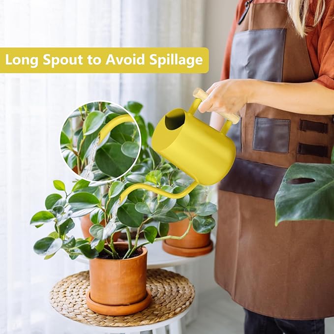 Watering Can Indoor Plants, 35oz Small Stainless Steel Metal Watering Can Modern Decorative Watering Pot with Long Spout for Indoor House Plant Bonsai Garden Flowers (Yellow)