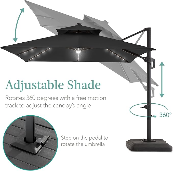Best Choice Products 10x10ft Cantilever Patio Umbrella w/Base Included, Solar LED Lights 360 Rotation Large Offset Hanging Outdoor Shade for Deck Pool Backyard w/Stand – Gray