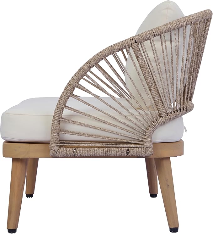 Merax 4-Piece Acacia Wood Patio Conversation Set - Curved Tub Loveseat & Chairs with Woven Rope Accents,Slatted Coffee Table & Weather-Resistant Cushions for Outdoor Deck,Garden or Balcony,Teak+ Beige
