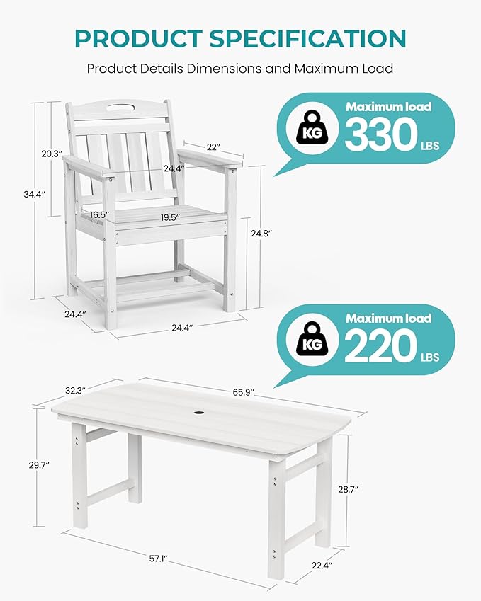 Outdoor Rectangle Dining Table, Heavy-Duty HDPE Table for 6, Weatherproof Patio Table with Umbrella Hole, Rounded Corners for Safety, White