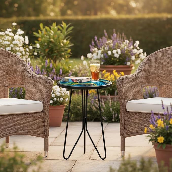 LIFFY Patio Side Tables,12" Indoor Outdoor Metal Side Table with Glass Tabletop,Round Decorative Plant Stand & Accent Table for Garden, Yard, Balcony, Backyard, Porch