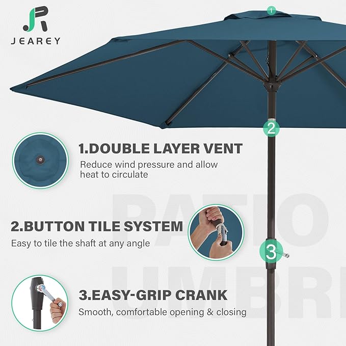 JEAREY 7.5FT Patio Umbrella Outdoor Market Umbrella with 6 Sturdy Ribs, Push Button Tilt/Crank Table Umbrella for Garden, Deck, Backyard and Pool, Lake Blue