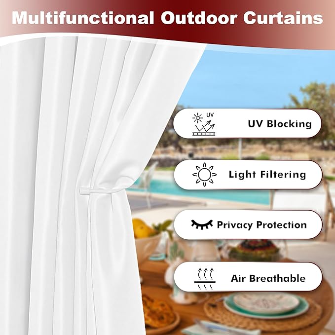 HolidayIdeas White Outdoor Curtains for Patio Waterproof 8 Pcs All Weather Balcony Grommet Top Outside Curtains for Apartments, Gazebo, Pergolas, Porch, 54x108 Inch