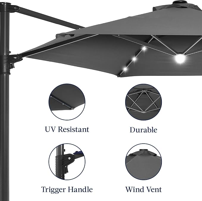 Best Choice Products 10ft Solar LED Offset Cantilever Hanging Market Patio Umbrella, Smooth 360° Rotation, 8 Sturdy Ribs, Easy Adjustment - Gray