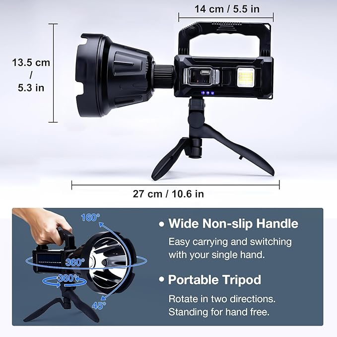 Solar Rechargeable Spotlight, 2,000,000L High Lumens Led Spot Lights Outdoor Handheld Super Bright Long Range Flashlight with 6 Modes, 3 Colored Filters, Tripod, USB C, IPX6 Waterproof for Fishing