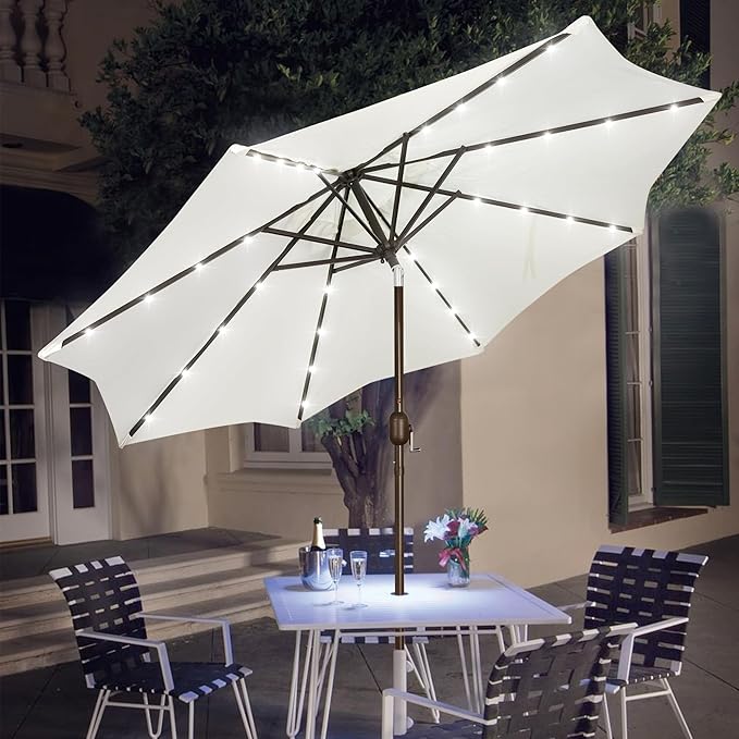 Blissun 9 ft Solar Umbrella, 32 LED Lighted Patio Umbrella, Table Market Umbrella, Outdoor Umbrella for Garden, Deck, Backyard, Pool and Beach (Creamy White)