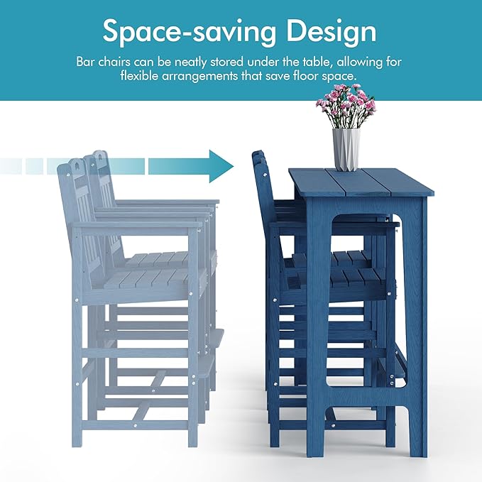Ciokea Outdoor Bar Height Table Set of 5, 60" Extra Long Rectangle High Top Table and 4 Oversized Adirondack Chairs Set, Heavy-Duty All-Weather HDPE Patio Bar Set for Backyard Balcony Deck, Navy Blue