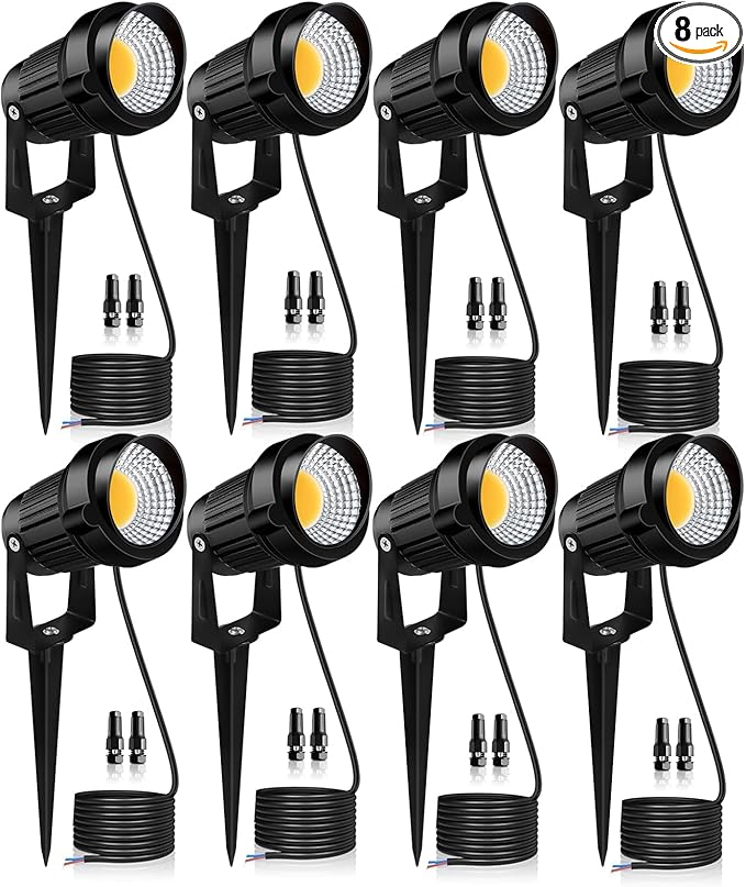 12W LED Landscape Lights Low Voltage, 3000K Warm White 12V AC/DC Waterproof Outdoor Spotlights, IP65 Garden Pathway Lights with 8 Spike Stands for Tree Garden Yard Pathway (8 Pack)