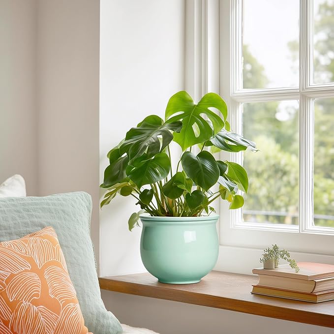 6 Inch African Violet Pots, Ceramic Self Watering Planter with Absorbent Inner Pot, Round Pots for Indoor Plants Outdoor, Ceramic Flower Pot, Office Decor, Plant Lover Gifts, Mint Green