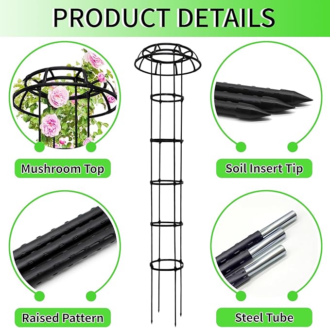 77-Inch Garden Trellis for Climbing Plants,Heavy-Duty Metal Obelisk with Mushroom Top,Stable Support for Potted Clematis,Tomato,Cucumber,Rose,Pea & Vine