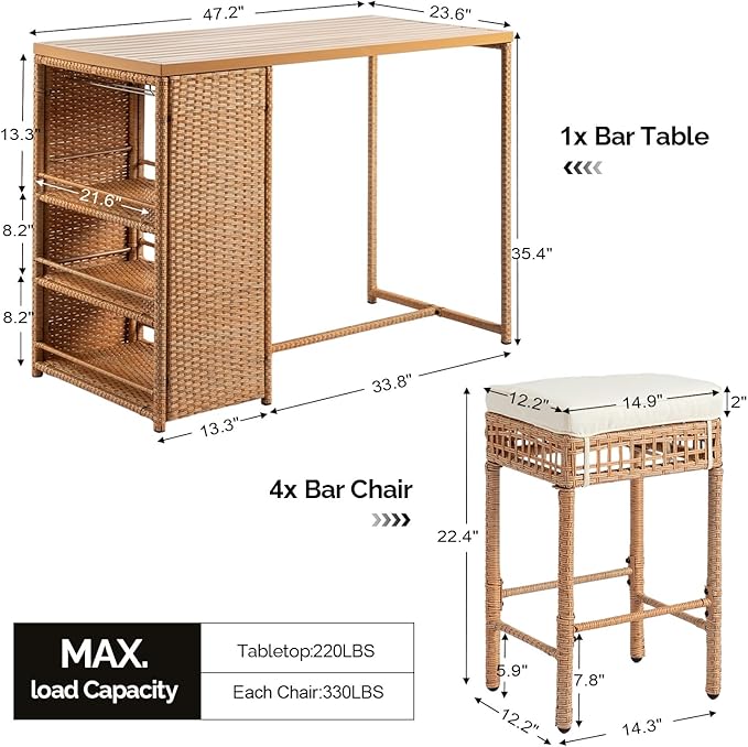 Outvita 5-Piece Outdoor Bar Set, Wicker Rattan Bar Height Patio Set w/4 Cushion Bar Stools & Table with Hidden Storage, Outdoor High Top Table and Chairs Set for Backyard, Balcony, Garden and Poolside