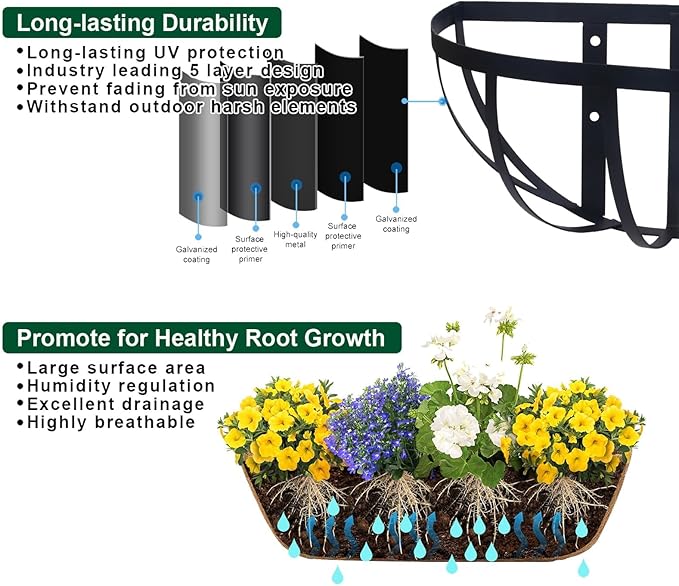 36'' Window Box Railing Planter with Coco Liner,4 Pack Horse Trough Planters Black Metal Hanging Flower Planters Basket for Porch Fence Patio Indoor Outdoor Lawn
