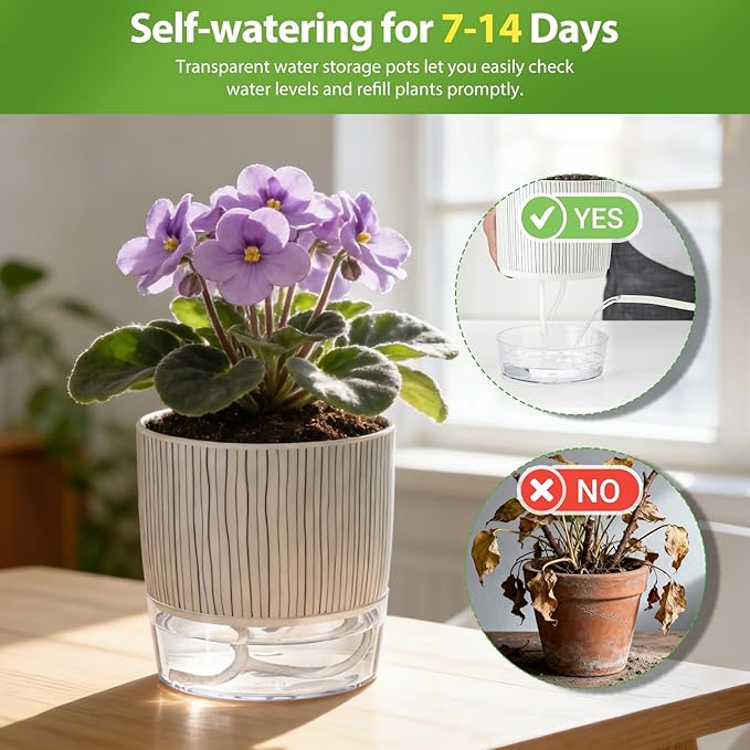 Self Watering Pots for Indoor Plants, 4 and 5.3 Inch, Plastic, Black Stripes, Round, Modern, Tabletop