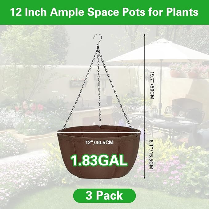 Hanging Baskets for Plants Outdoor, 12 Inch 3 Pack Hanging Planters for Outdoor Plants, Breathable Water-Draining, Hanging Pots for Plants Indoor with Chain Hanging Pot for Garden Porch Patio Balcony