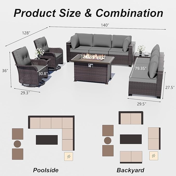 ALAULM Patio Furniture Set with 2 Swivel Chairs, Outdoor Sectional with 55000 BTU Fire Pit Table and Wide Seat, 11 Pieces Wicker Rattan Conversation Set with Coffee Table for Garden, Deck, Grey