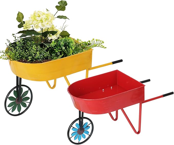 BAYN Metal Wheelbarrow Flower Cart Planter, 2 Packs Plant Stands with Triangular Support Handles Non-Rolling Wheel Vintage Wagon Planter Pots for Home Patio Garden Backyard Rustic Outdoor Decor