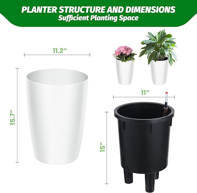 16 in Tall Planters Set of 2, Plant Pots, Self Watering Pots for Indoor Plants, Flower Pots with Built-in Drainage and Visual Water Level Design, for Patio, Porch, Living Room, or Home Office, White