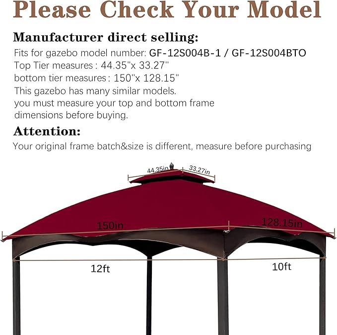 SCOCANOPY Burgundy Ripstop Replacement Roof for Lowe's Allen Roth 10X12 Gazebo Model #GF-12S004B-1/ GF-12S004BTO/TPGAZ17-002C