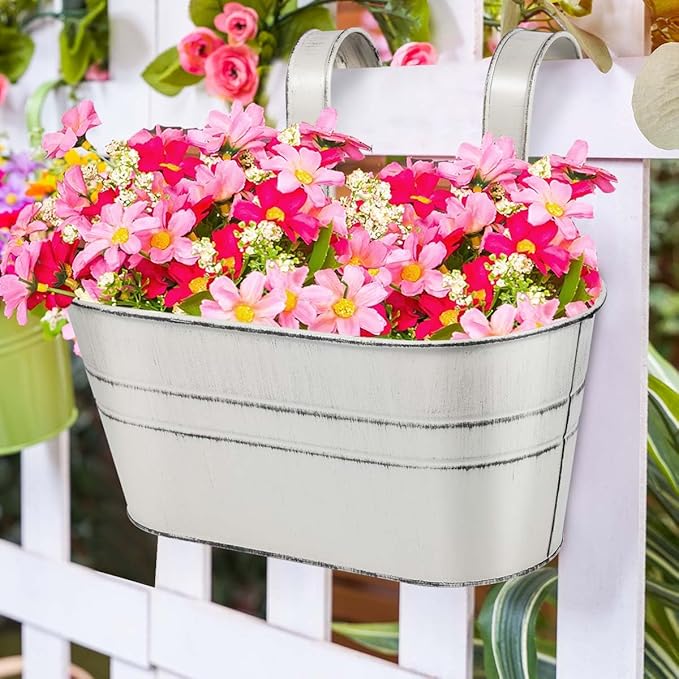 OBTANIM 4 Pack Metal Hanging Flower Pots Iron Railing Planter Outdoor Fence Hanging Pots Bucket Plant Holder with Detachable Hooks Drain Holes for Home Garden Yard Decor (White)
