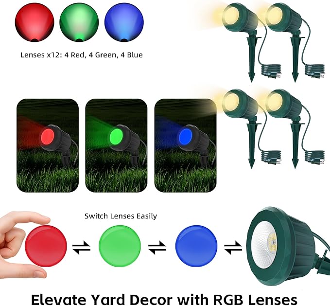 Spotlight Outdoor – 120V Plug-in, 2700K Warm White LED Landscape Spot Lights with RGB 3 Lenses for Yard, Garden, Lawn&Tree Decor, IP67 Waterproof, Perfect for Holidays&Everyday (4 Pack, Green)