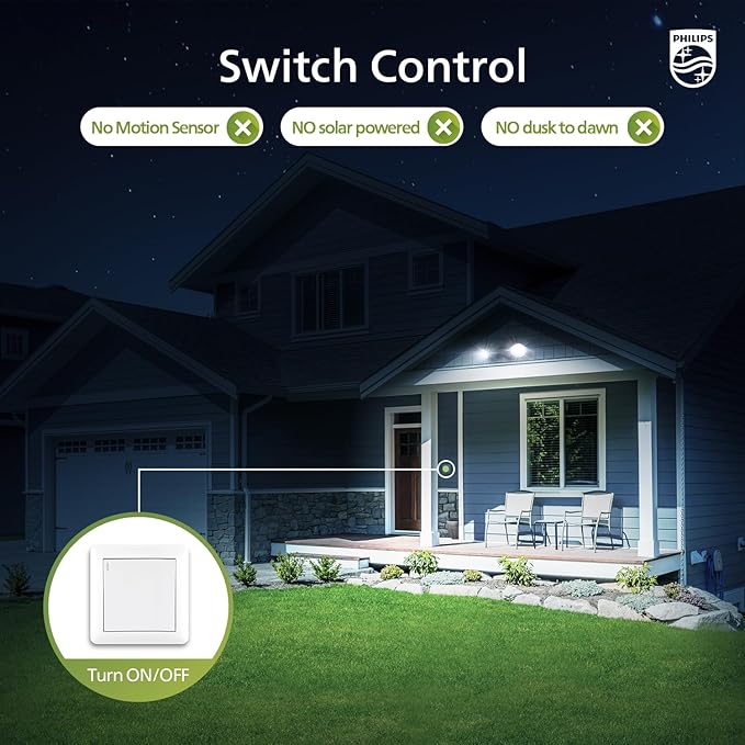 Philips 44W 3500LM ‌LED Security Flood Light‌ ‌Outdoor‌，Switch Controlled Aluminum ‌Security Light‌, 2 Adjustable Heads，5000K Daylight，Wet Location for Patio, Garden, Yard Lights