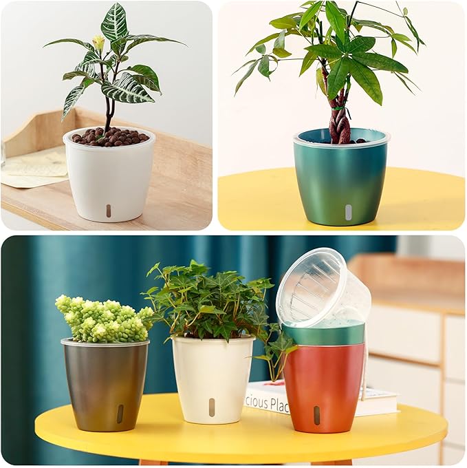 Self Watering Pots for Indoor Plants, 6-Pack 5'' Self Watering Planter with Drainage Holes, Small African Violet Pots with Water Indicator, Clear Wick Orchid Pot, White