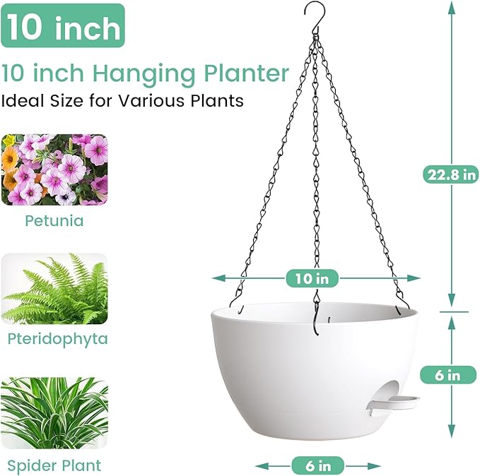 Set of 3-10 Inch Self Watering Hanging Planters for Indoor Outdoor，Hanging Plant Pots with Drainage & Removable Tray, Hanging Pots for Pothos Plant, Spider Plants, Ferns, Balcony & Patio, White