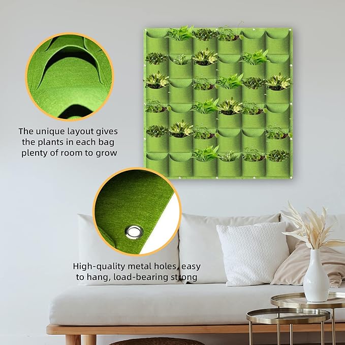 Hanging Planting Grow Bags, 36 Pockets Hanging Vertical Wall Planter Wall Mounted Grow Bag Outdoor Indoor Gardening Vertical Greening Flower Container, Planting Bags Storage Bags(1.0 m × 1.0 m, Green)