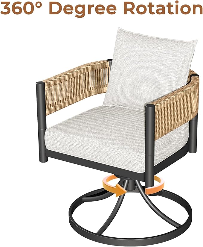 Grand patio Outdoor Dining Set, 7-Piece Patio Table and Chairs Set, Metal Woven Wicker Swivel Patio Chairs with Thickened Cushions & 1 Rectangular Woodgrain Dining Table with Umbrella Hole (Natural)