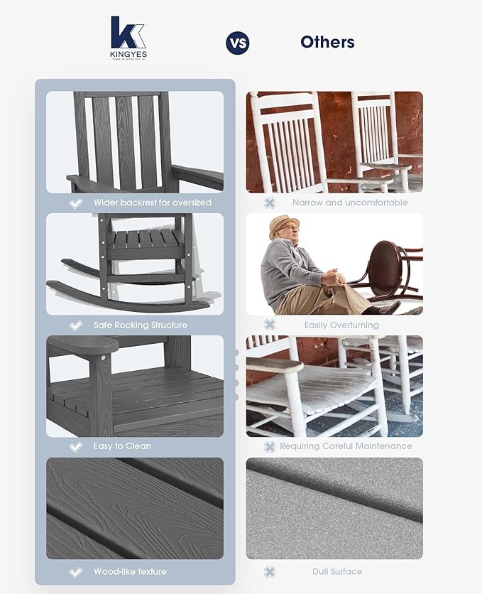 KINGYES Oversized Outdoor Rocking Chair Set of 6, All-Weather Patio Rocking Chairs for Porch, HDPE Outdoor Patio Rockers with High Back & Wide Seat for Garden, Lawn, Gray