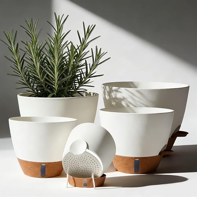 7/6.5/6/5.5/5 Inch Self Watering Pots, Plastic Flower Pots with Multi Mesh Drainage Holes and Deep Reservoir for Indoor Outdoor Garden Plants and Flowers (White, 5/5.5/6/6.5/7)