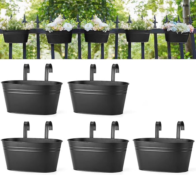 Dahey 10.5 Inch Metal Iron Hanging Flower Pots for Railing Fence Hanging Bucket Pots Countryside Style Window Flower Plant Holder with Detachable Hooks Home Decor,Black,5 Pcs