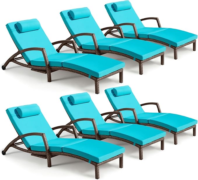 Chaise Lounge Chairs Outdoor Set of 6, Comfy Outside Wicker Patio Pool Lounge Chair w/ 5 Adjustable Back Angle, Cup Holder, Thicken Cushion