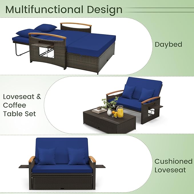 Tangkula Patio Rattan Daybed with 4-Level Adjustable Backrest, Outdoor Wicker Loveseat with Acacia Wood Armrest, Storage Ottoman & Folding Tray, Double Sunbed for Balcony, Backyard & Poolside (Navy)